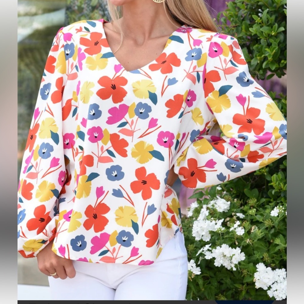 Michelle McDowell Silas Floral Love Poppy Blouse V-Neck Long Sleeve Size XL Boho